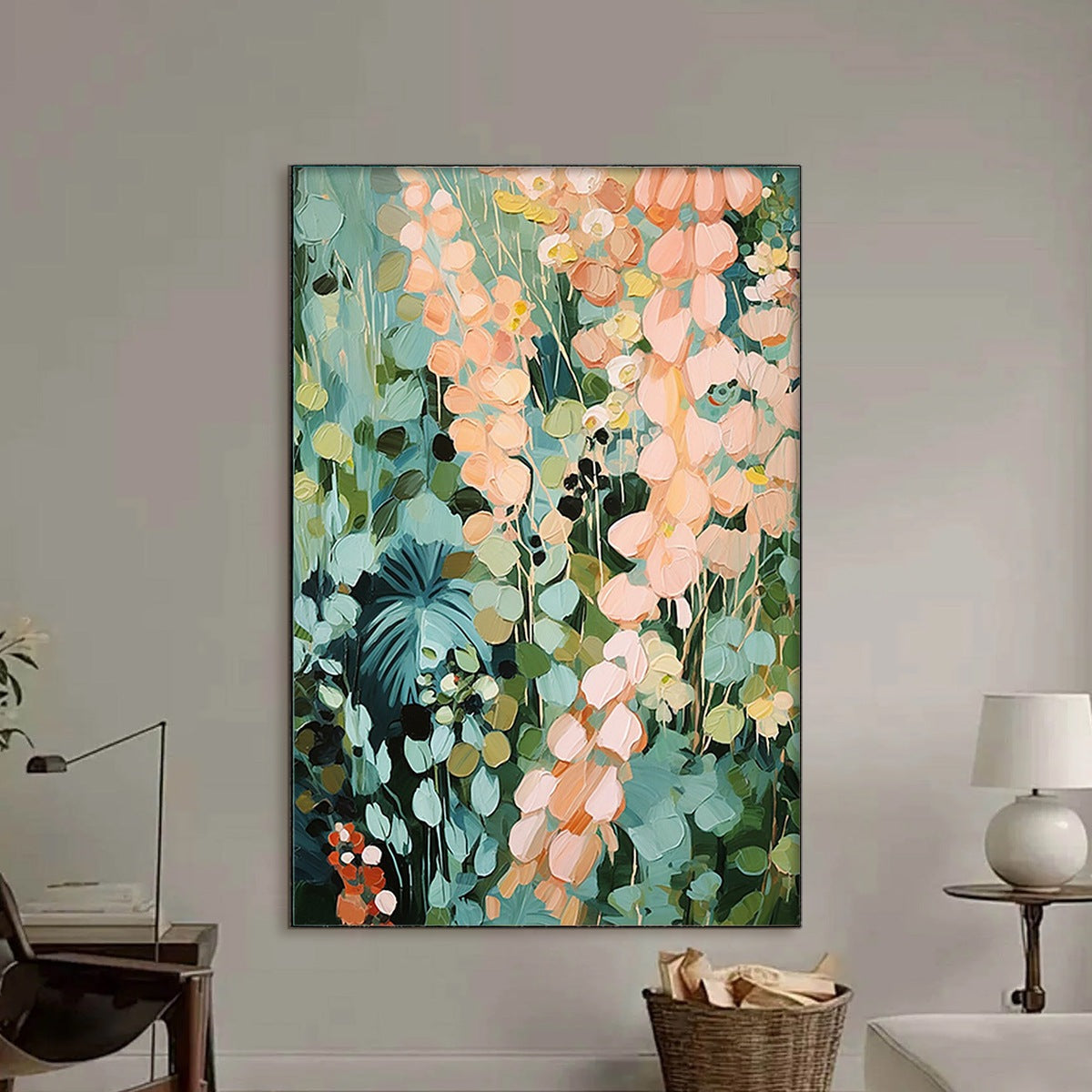 SECRET GARDEN: Vertical Abstract Floral Painting, Textured Green and Pink Garden, Living Room, Bedroom, Dining Room