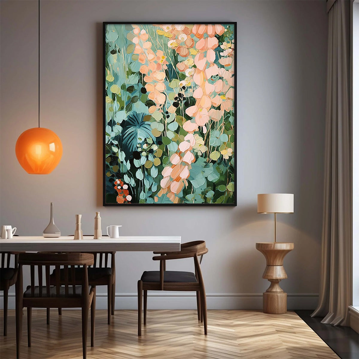 SECRET GARDEN: Vertical Abstract Floral Painting, Textured Green and Pink Garden, Living Room, Bedroom, Dining Room