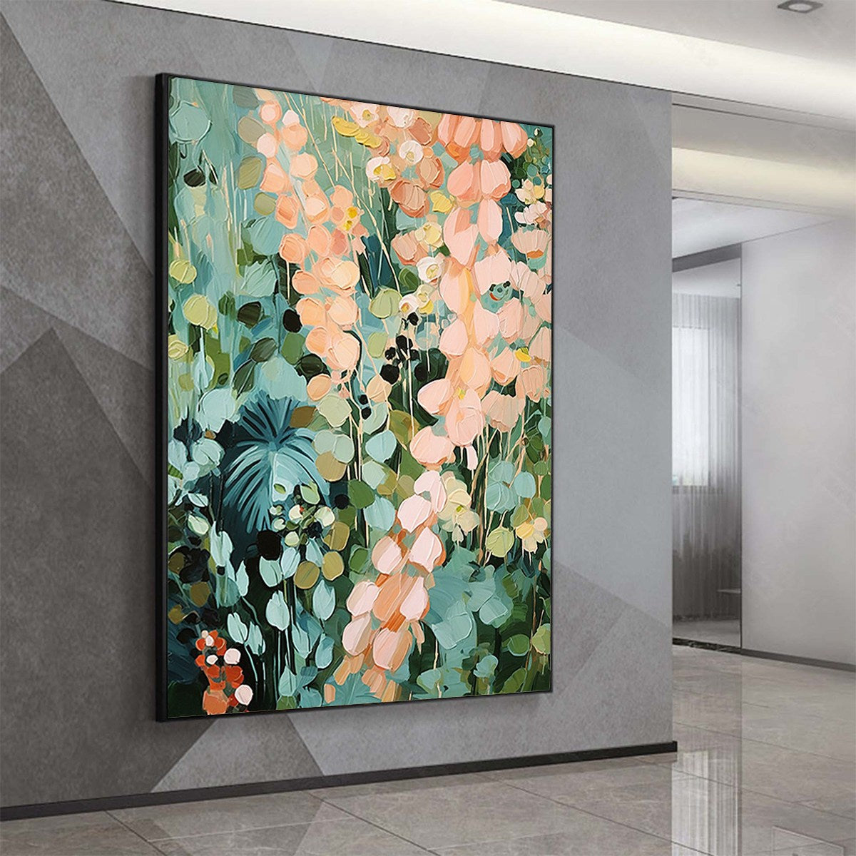 SECRET GARDEN: Vertical Abstract Floral Painting, Textured Green and Pink Garden, Living Room, Bedroom, Dining Room