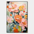 SPRING BOUQUET: Vertical Textured Floral Painting, Impasto Pink and Orange Flowers, Living Room, Bedroom, Dining Room