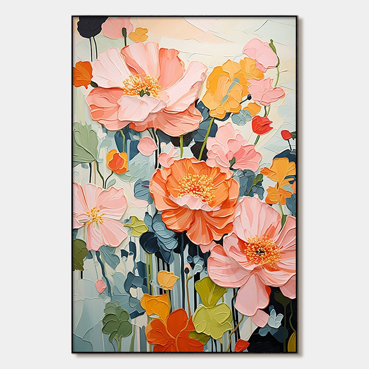 SPRING BOUQUET: Vertical Textured Floral Painting, Impasto Pink and Orange Flowers, Living Room, Bedroom, Dining Room