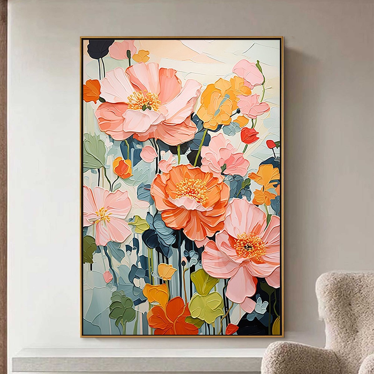 SPRING BOUQUET: Vertical Textured Floral Painting, Impasto Pink and Orange Flowers, Living Room, Bedroom, Dining Room