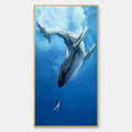 WHALE ENCOUNTER: Majestic Whale and Diver Painting, Vertical Wall Art