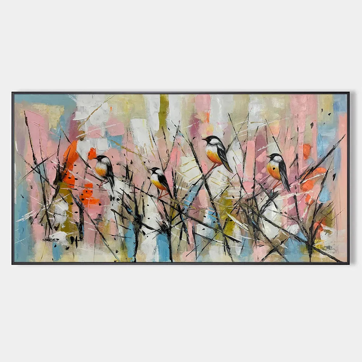 WHIMSICAL BIRDS: Panoramic Painting of Birds on Branches, Pastel Colors, Modern Wall Art, Pink, Blue