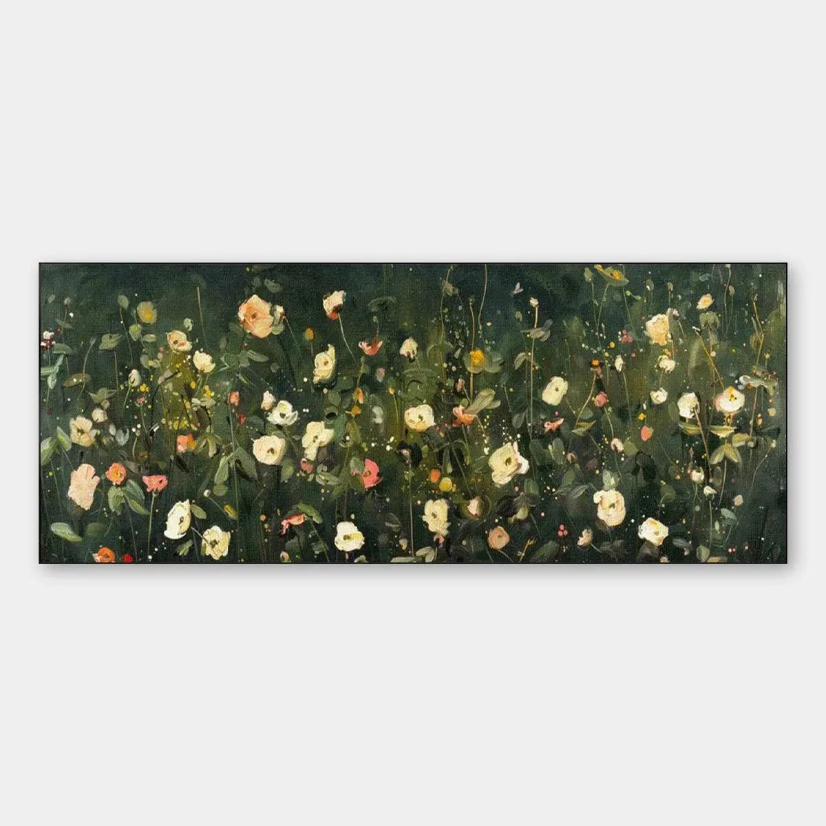 WHISPERING MEADOW PANORAMIC: Wildflower Painting, Panoramic Wall Art, Dark Floral Decor