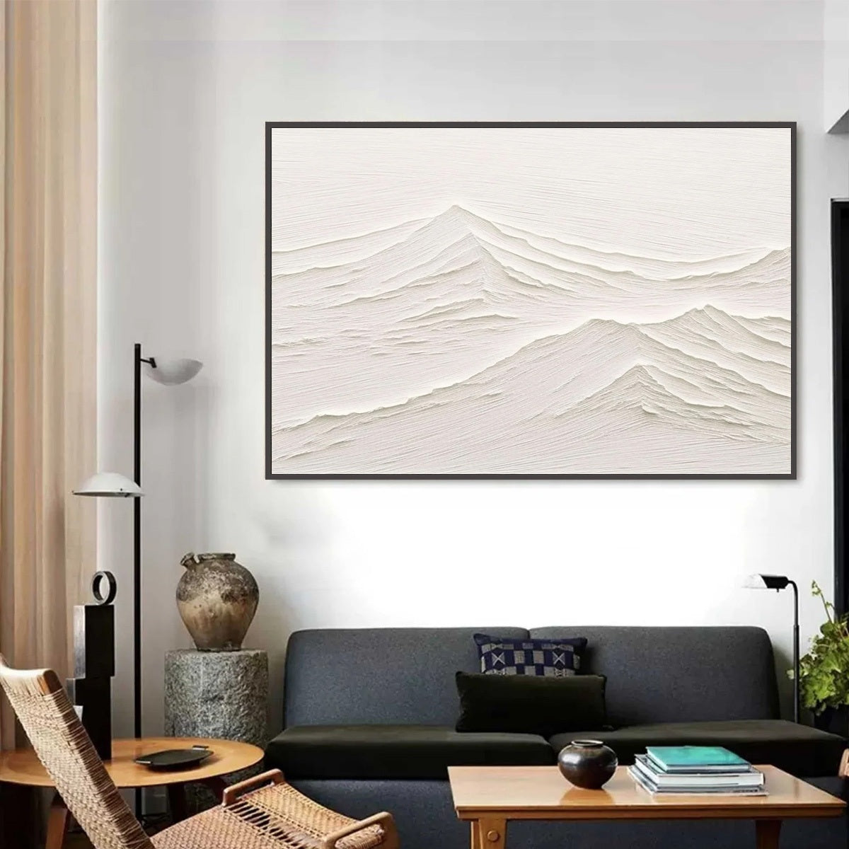 WHISPERING PEAKS: Textured Minimalist White Mountain Painting