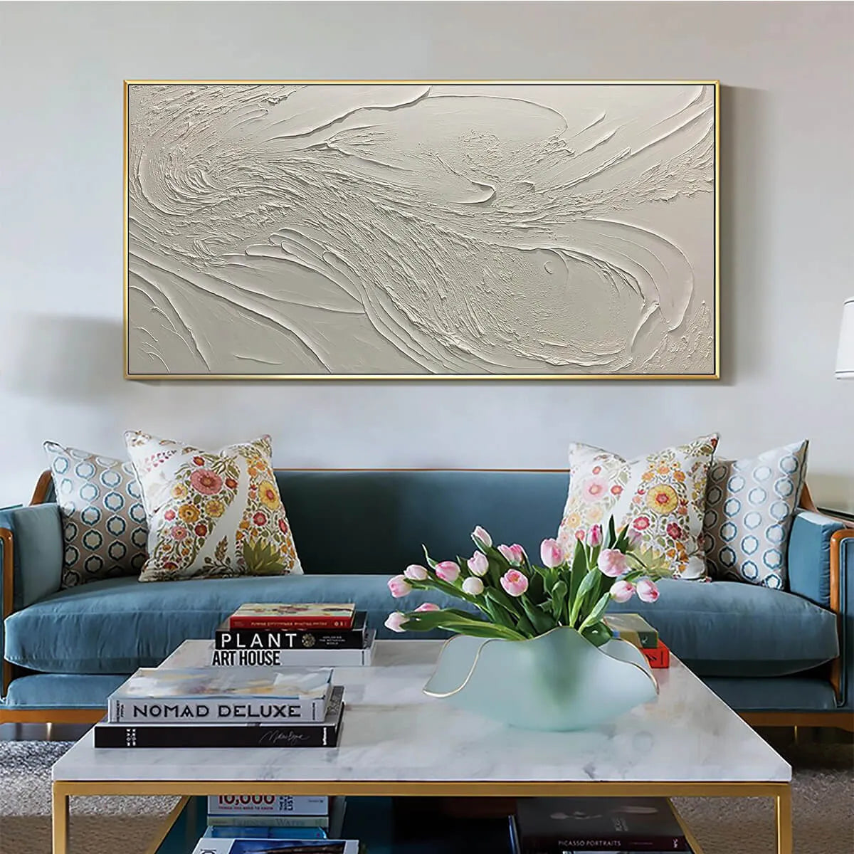 WHISPERING WINDS: White Beige Textured Abstract Oil Painting