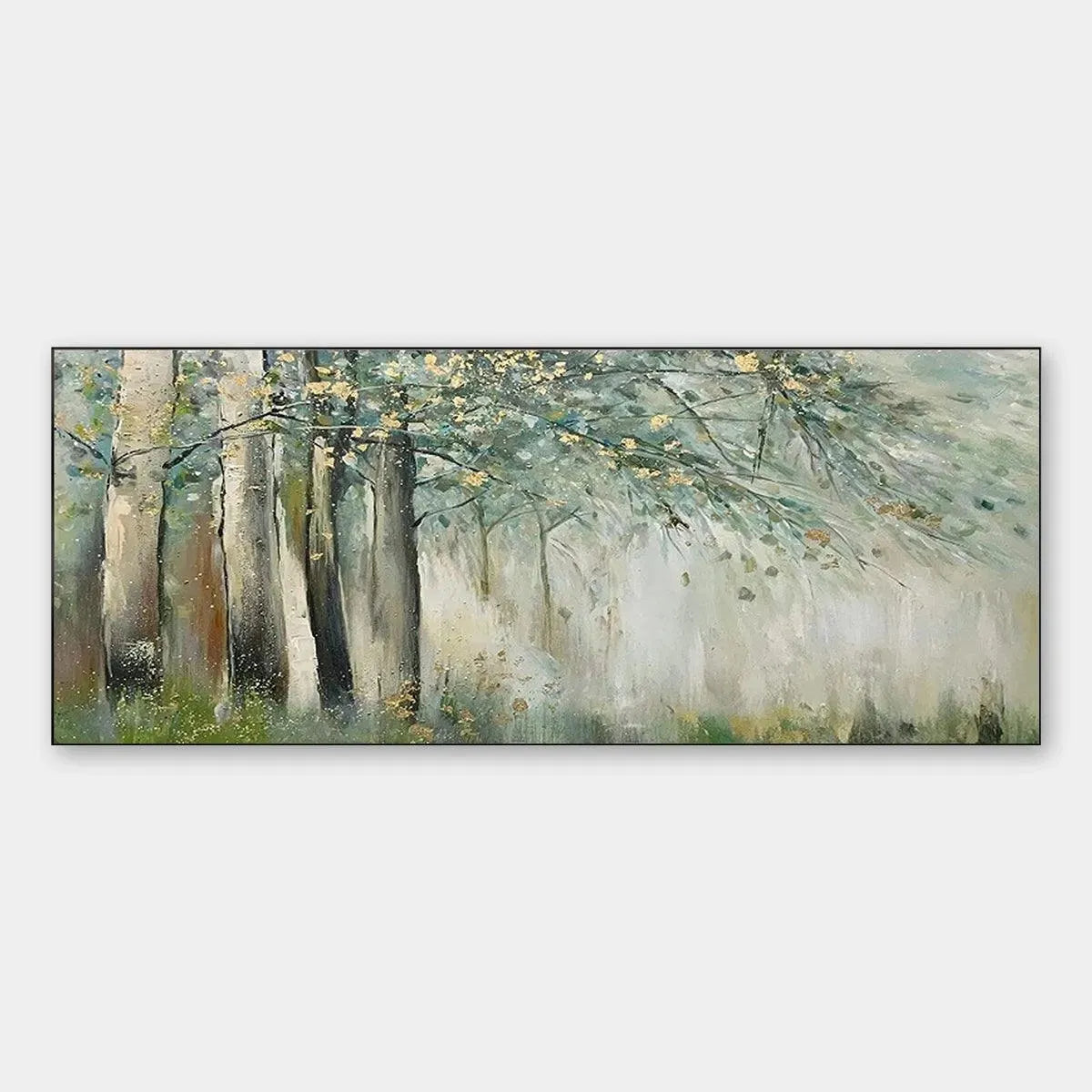 WHISPERING WOODS: Serene Green and Gold Forest Landscape Painting