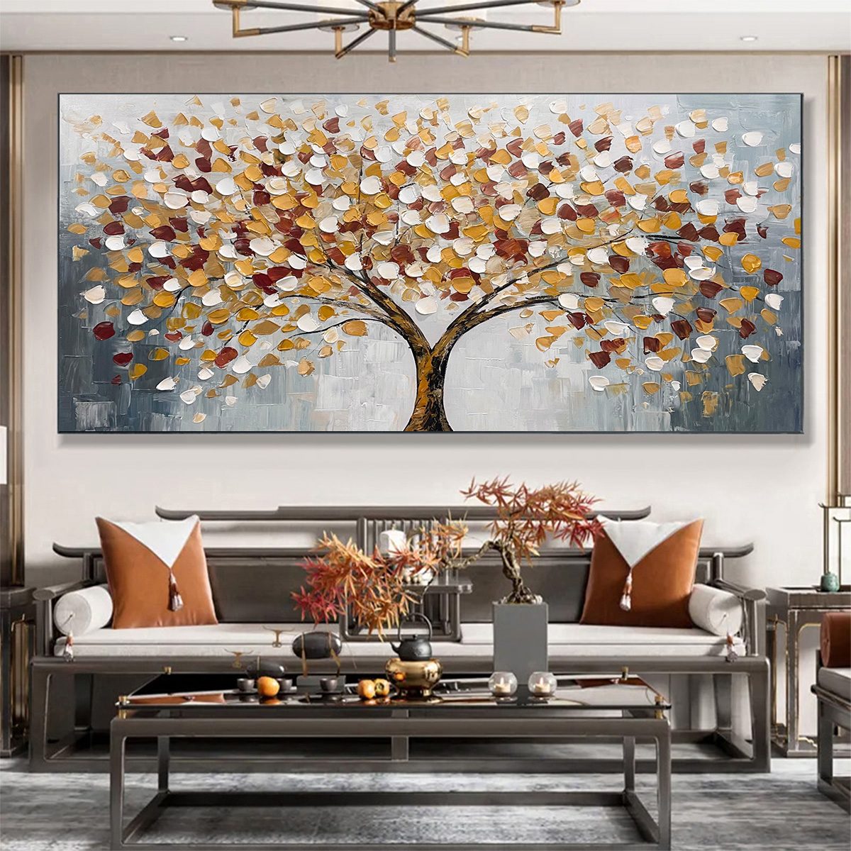 WHISPERS OF AUTUMN: Textured Tree of Life Oil Painting in Gold and Burgundy