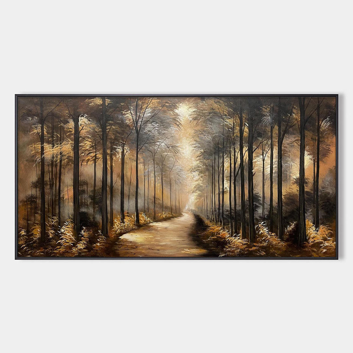 WHISPERS OF THE WOODS: Panoramic Forest Path Oil Painting