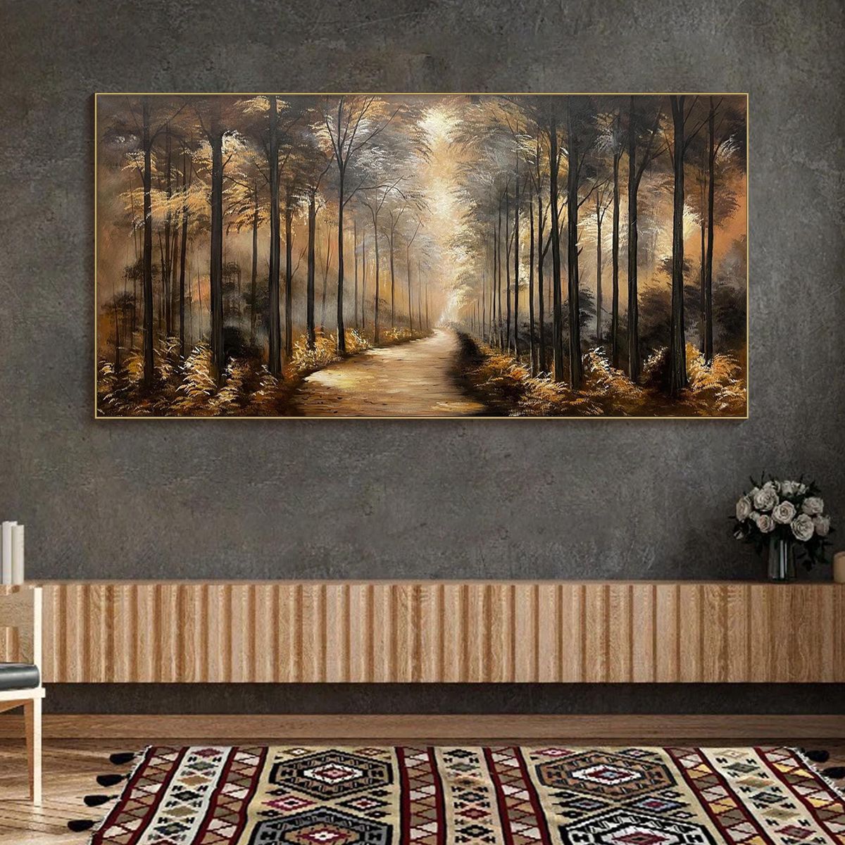 WHISPERS OF THE WOODS: Panoramic Forest Path Oil Painting