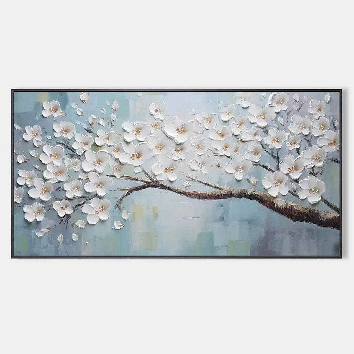 WHITE BLOSSOMS: Textured Floral Painting in White and Blue