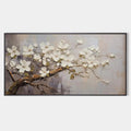 WHITE BLOSSOMS: Textured Floral Painting, White Flower Wall Art, Panoramic Canvas, Impressionist Decor