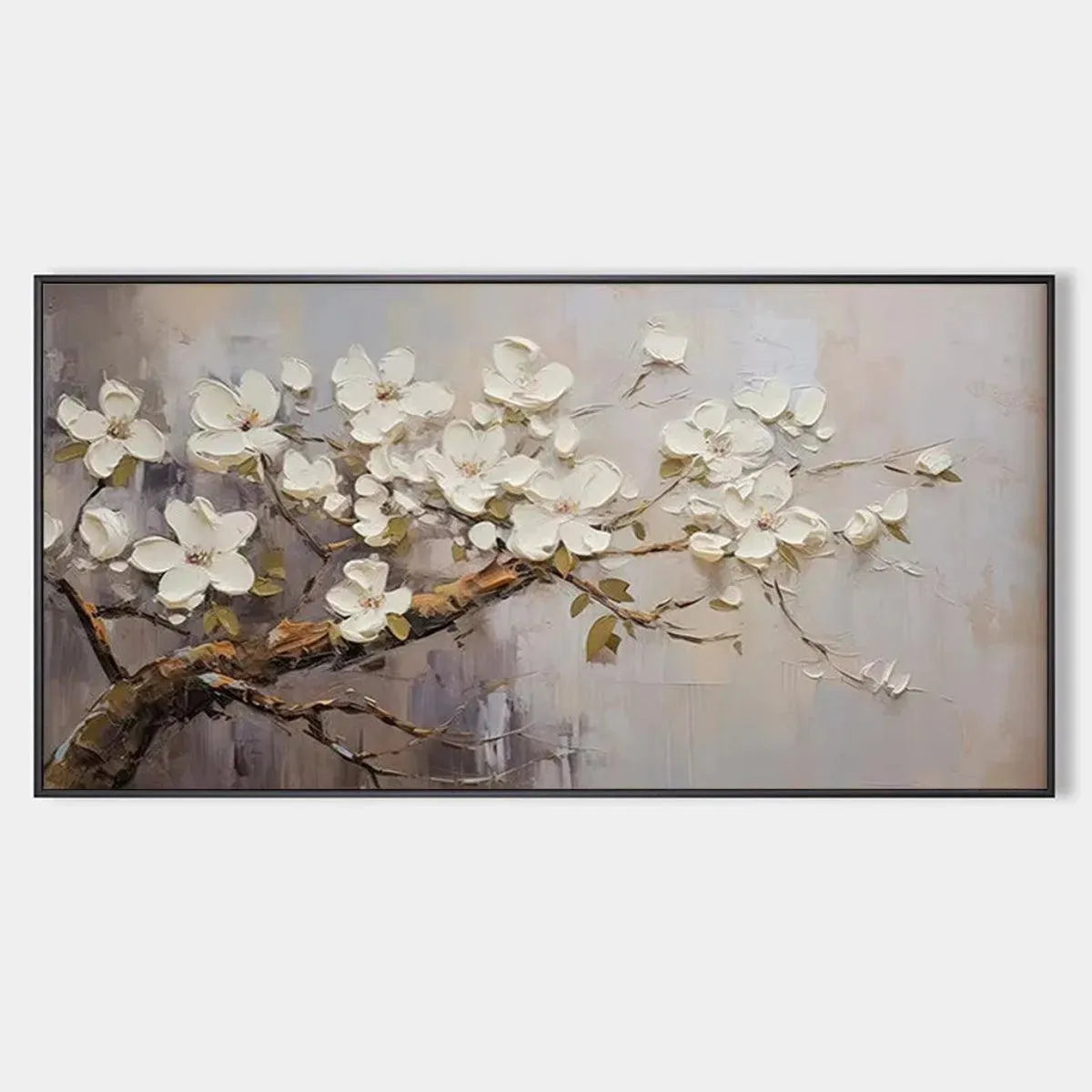 WHITE BLOSSOMS: Textured Floral Painting, White Flower Wall Art, Panoramic Canvas, Impressionist Decor