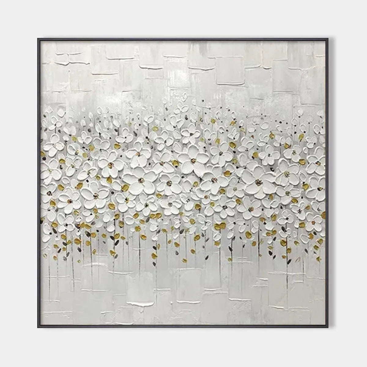 WHITE BLOSSOM FIELD: Textured White Floral Painting, Square Wall Art