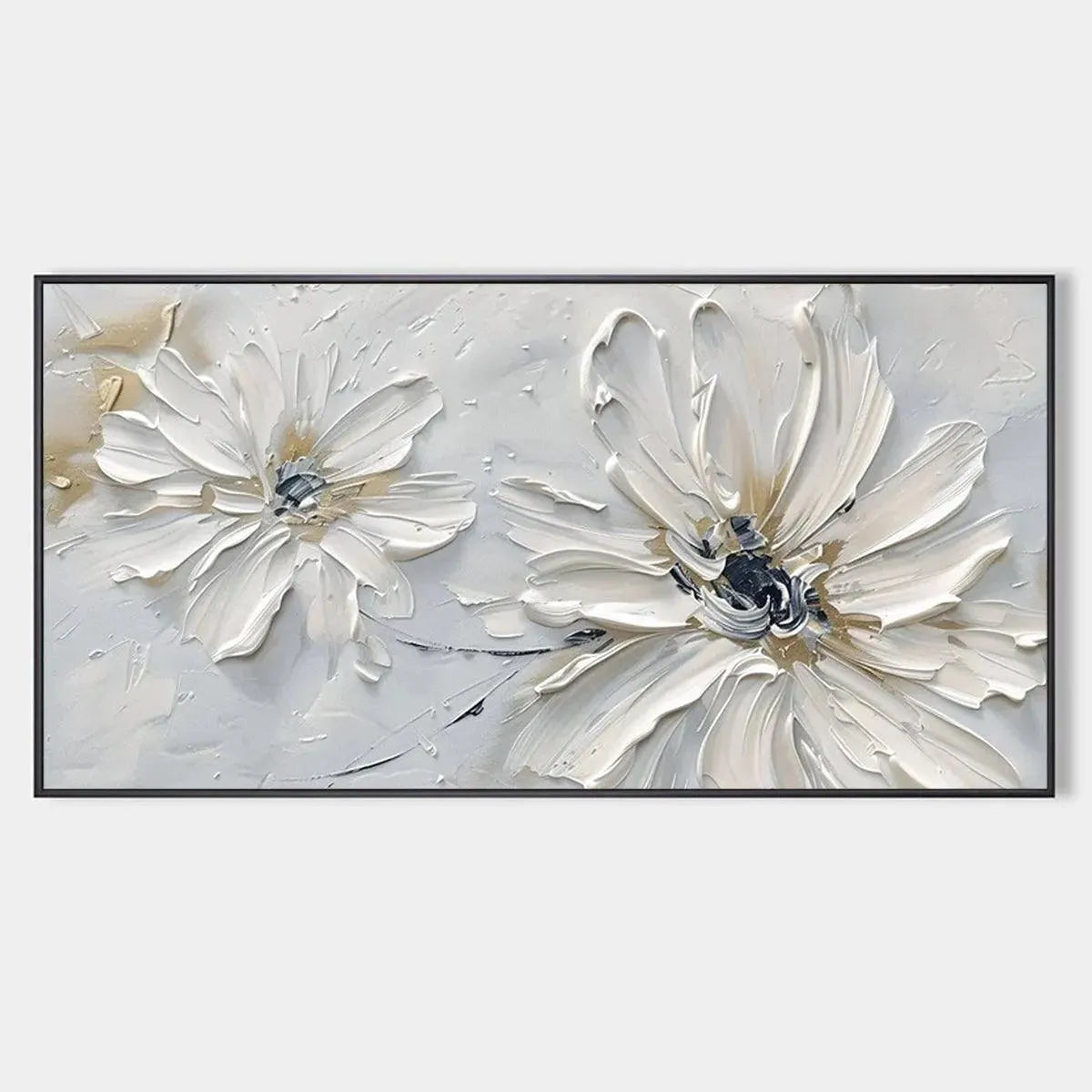 WHITE BLOSSOM SERENITY: Textured White Floral Painting, Horizontal Wall Art