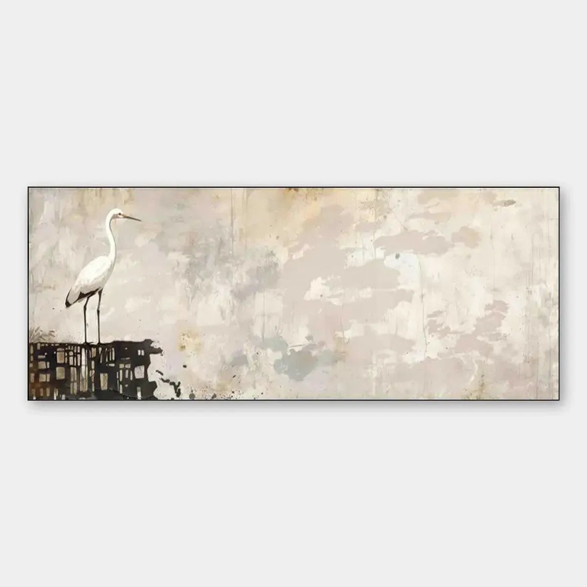 WHITE HERON PANORAMIC: Heron Painting, Panoramic Wall Art, Bird Art
