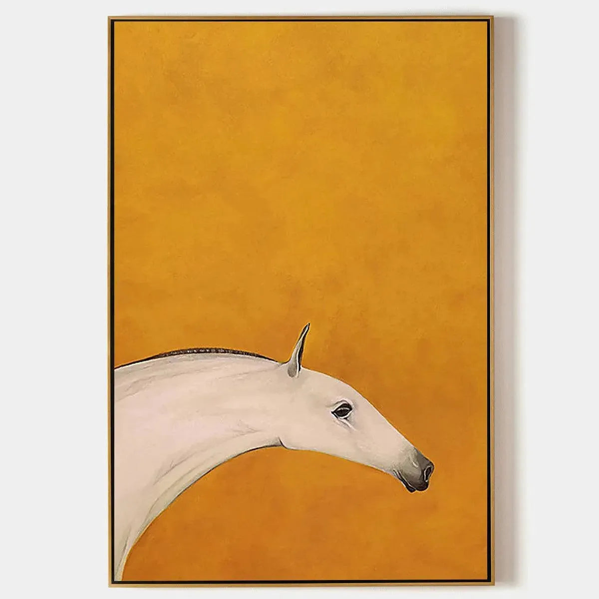 WHITE HORSE ON YELLOW: Minimalist Horse Painting, Vertical Wall Art