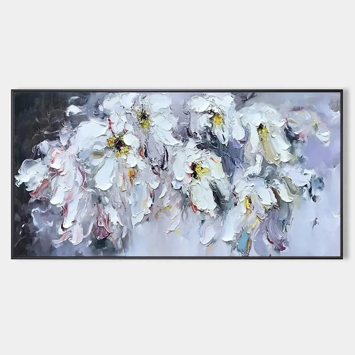 WHITE PETAL DREAM: Floral Painting, Impasto, Textured Wall Art, White Flowers, Panoramic