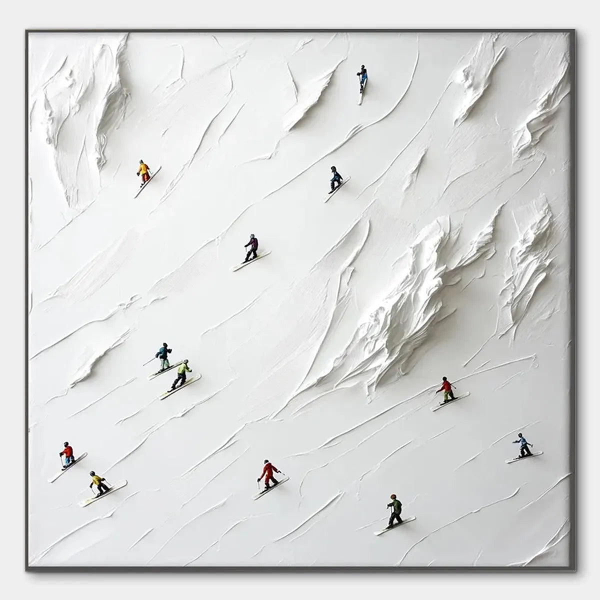WHITE RUSH: Minimalist Skiing Painting on Textured Square Canvas