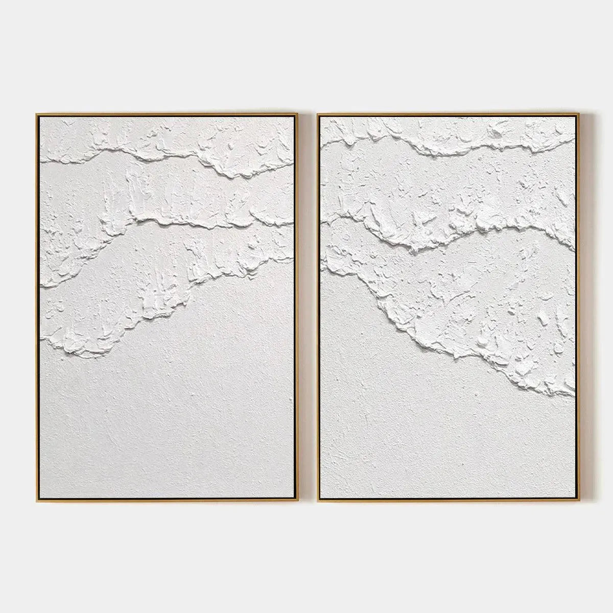 WHITE TEXTURED WAVES DIPTYCH: Textured Abstract Painting Set of 2, Vertical Wall Art