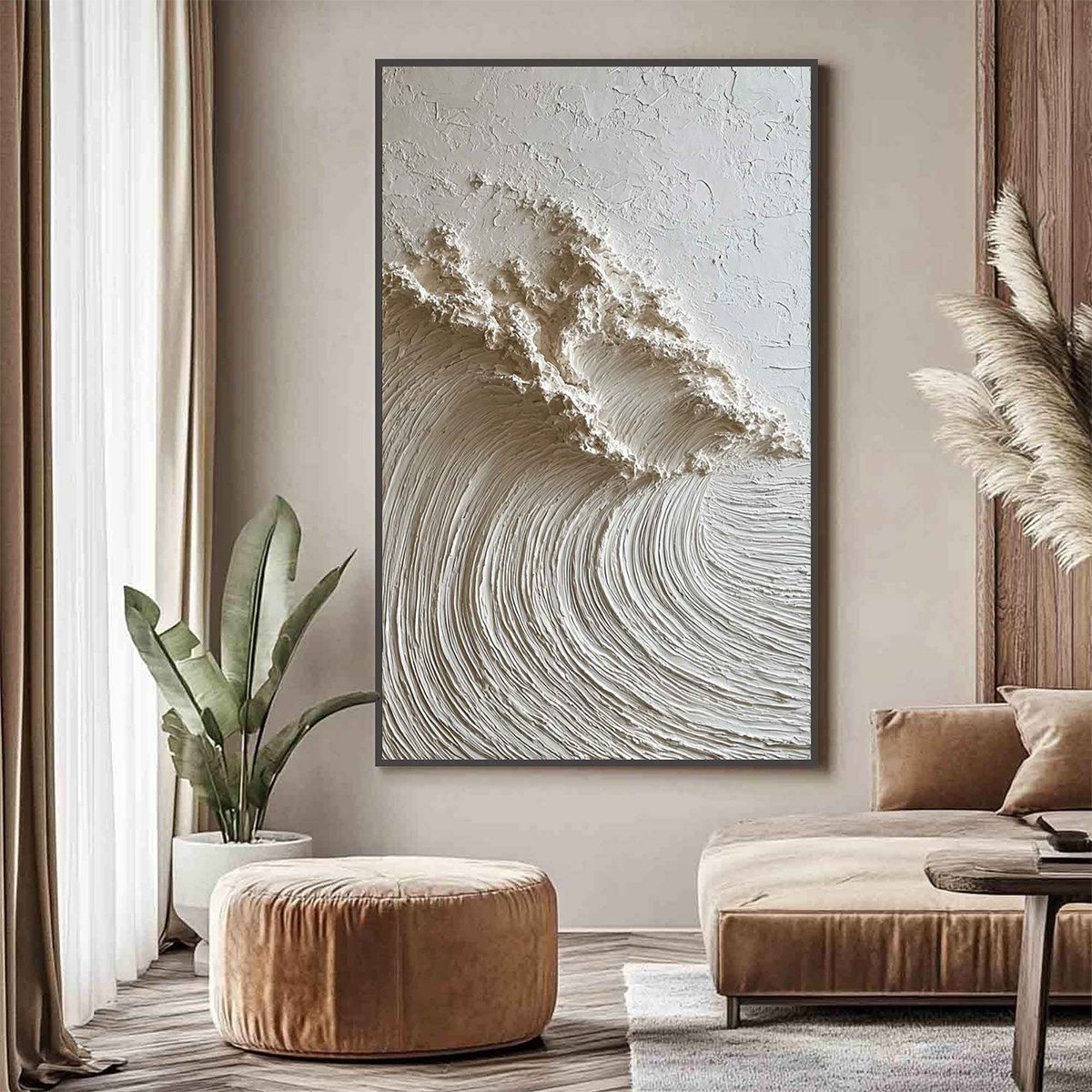 WHITE WAVE: Textured Minimalist 3D Oil Painting