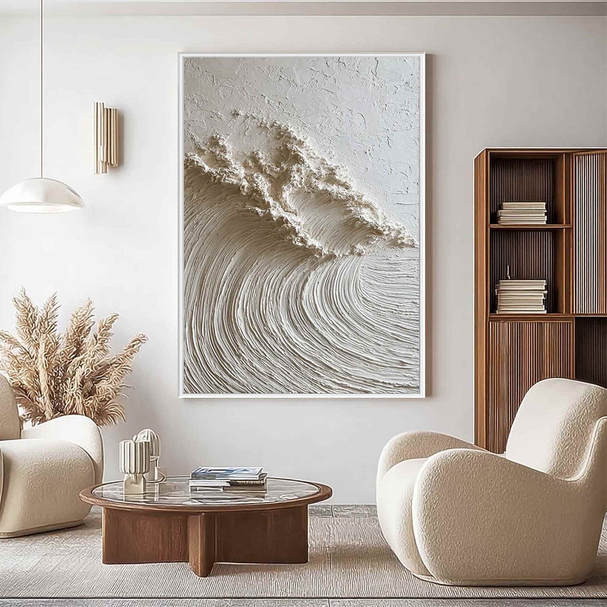 WHITE WAVE: Textured Minimalist 3D Oil Painting