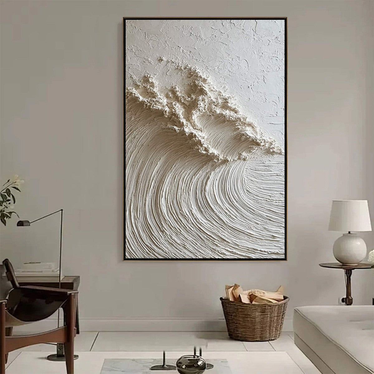 WHITE WAVE: Textured Minimalist 3D Oil Painting