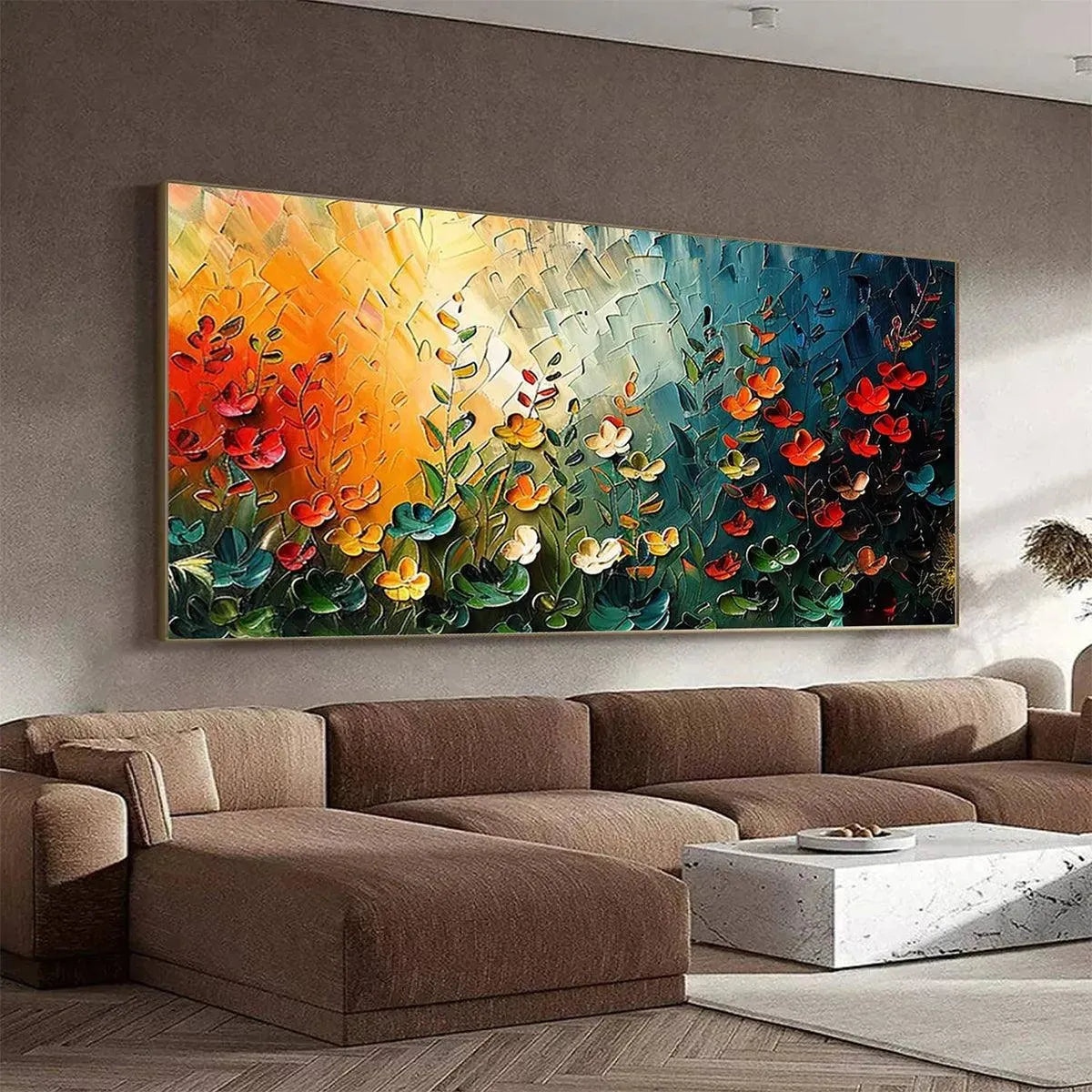 WILDFLOWER MEADOW: Textured Abstract Floral Painting, Colorful Wildflower Wall Art, Panoramic Canvas, Modern Decor