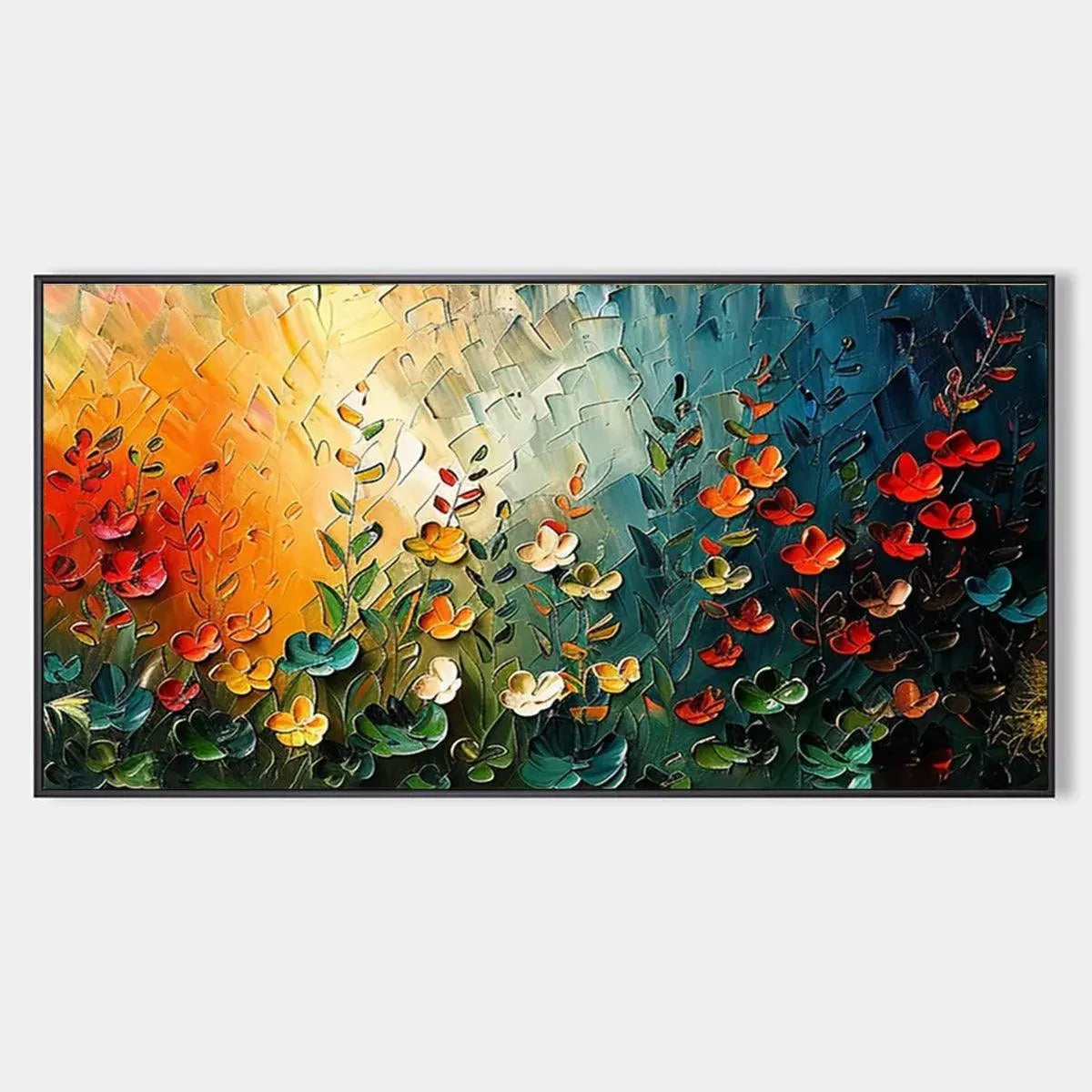WILDFLOWER MEADOW: Textured Abstract Floral Painting, Colorful Wildflower Wall Art, Panoramic Canvas, Modern Decor