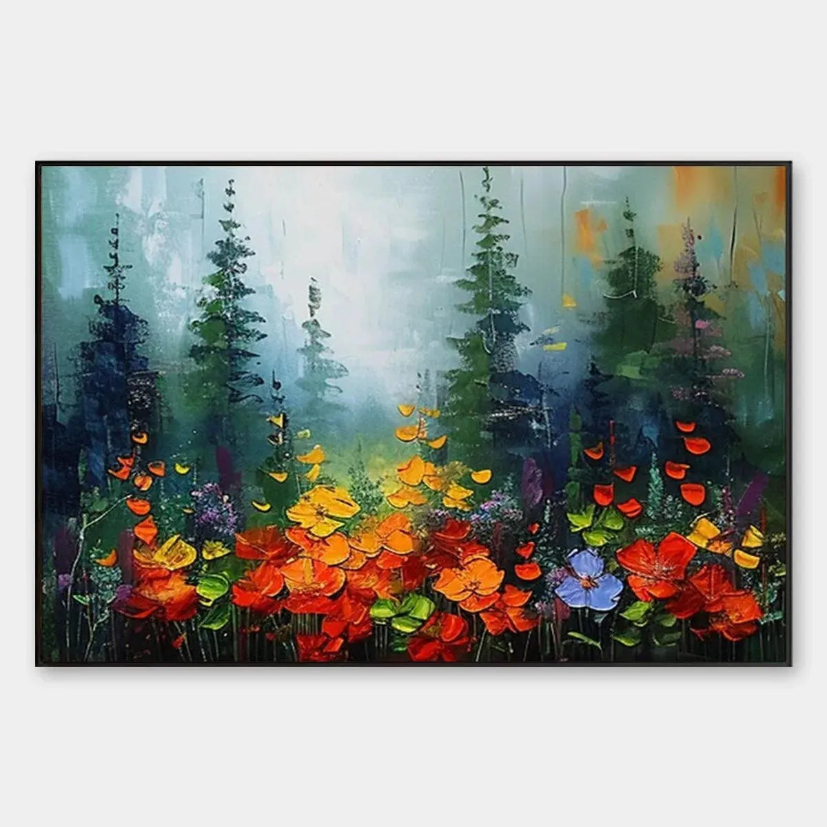 WILD FLOWER MEADOW: Textured Floral Landscape Painting, Impasto Wall Art, Panoramic Canvas, Nature Decor