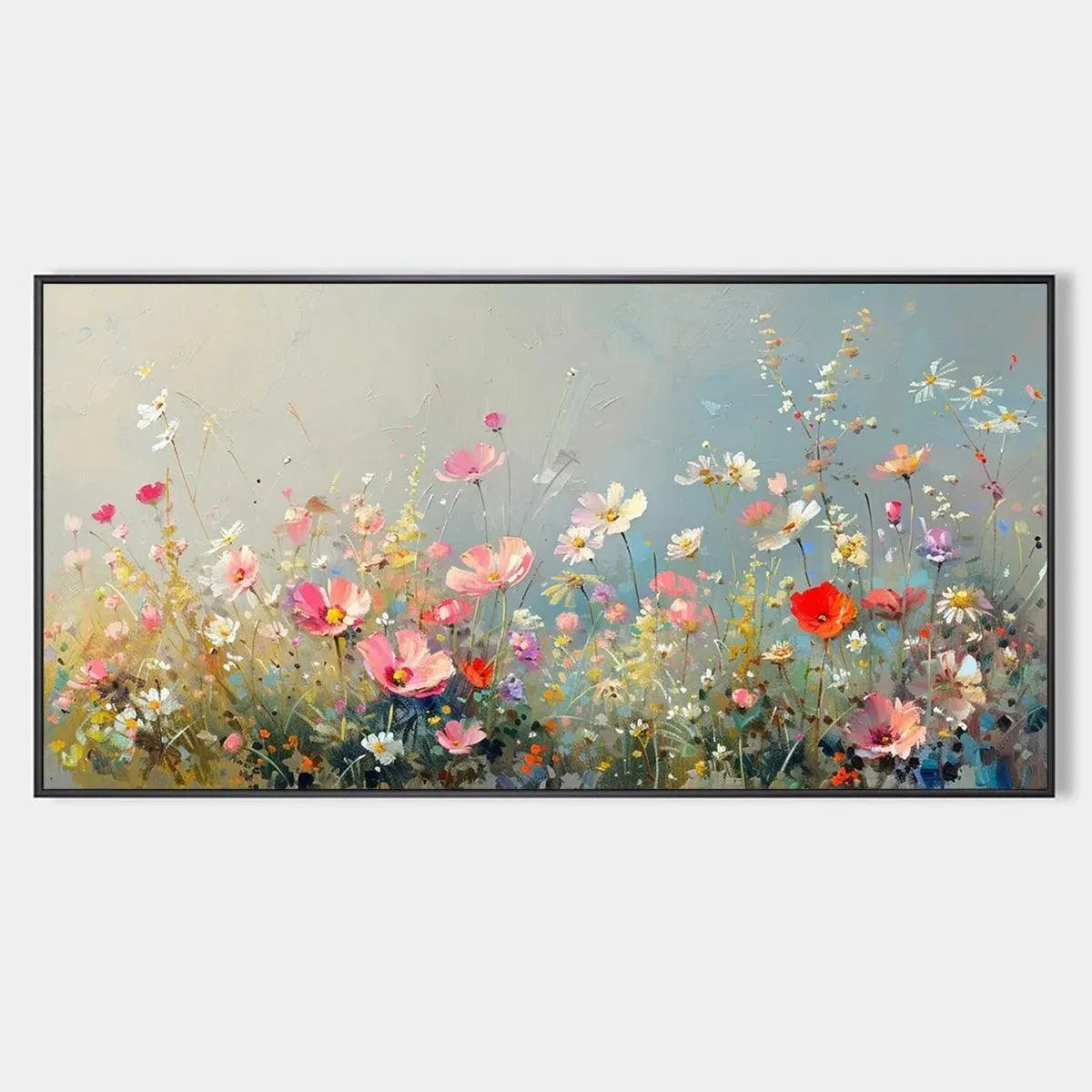 WILD MEADOW: Panoramic Floral Landscape Painting in Pink and White