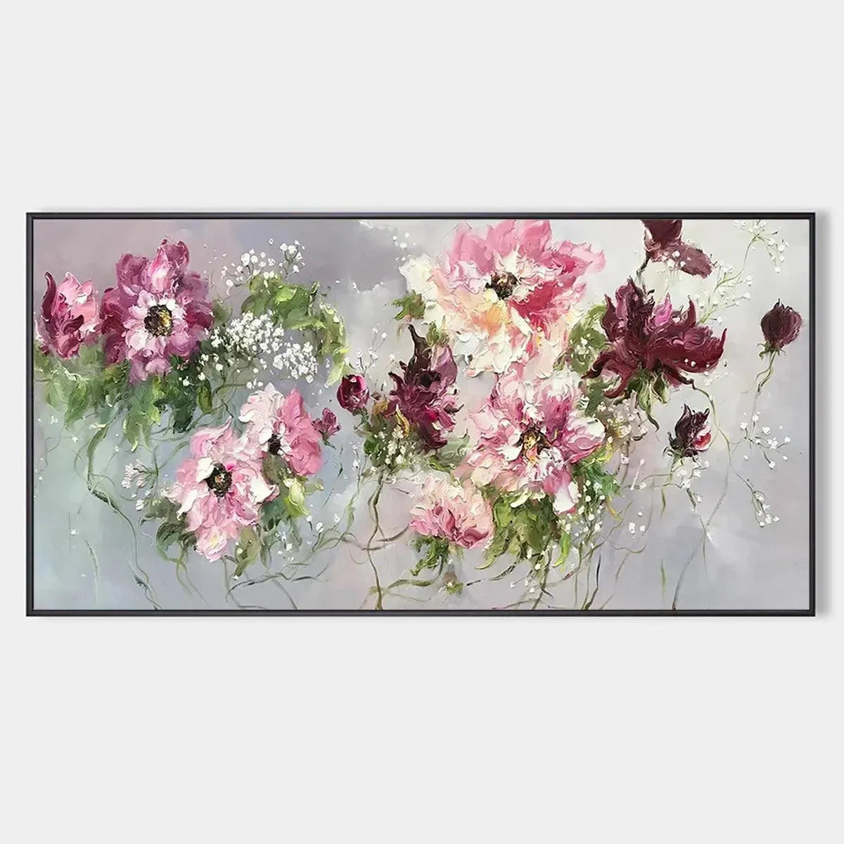 WILD ROSE WHISPERS: Floral Painting, Panoramic Wall Art, Romantic Decor, Pink and Burgundy Flowers