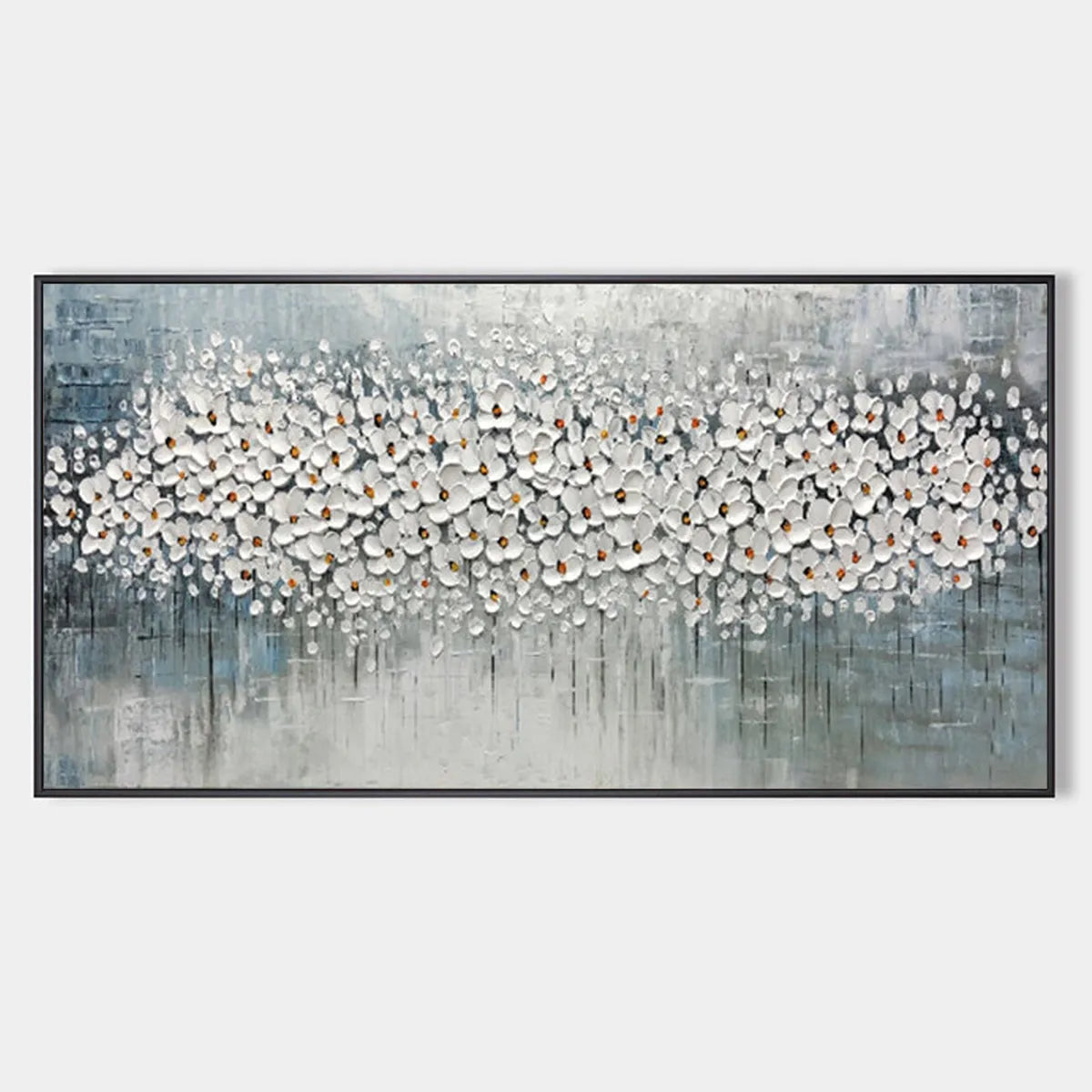 WINTER BLOSSOM: Panoramic Impasto Floral Oil Painting in White and Grey