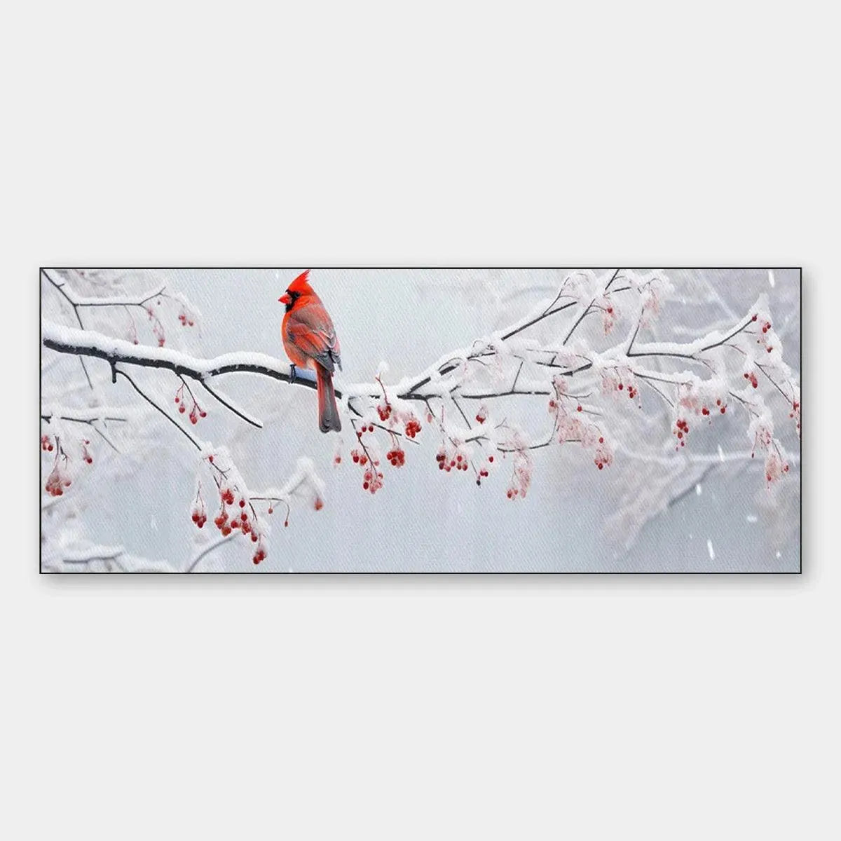 WINTER CARDINAL PANORAMIC: Bird Painting, Panoramic Wall Art, Winter Decor