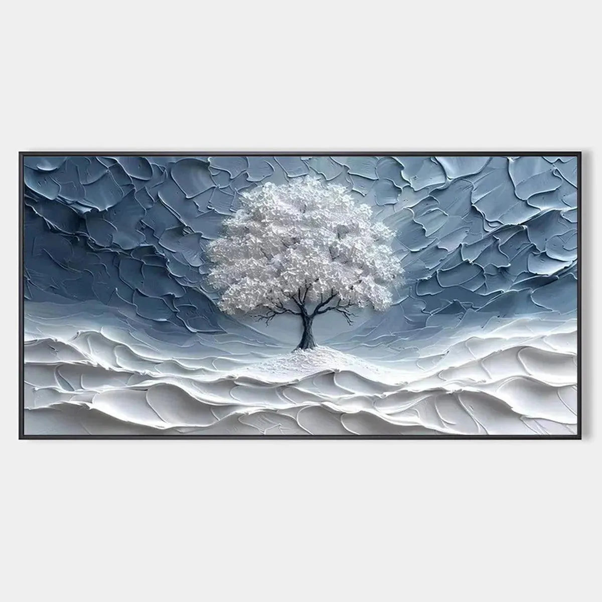 WINTER'S EMBRACE: Textured Winter Landscape Painting, Impasto Wall Art, Horizontal Canvas, Tree Art