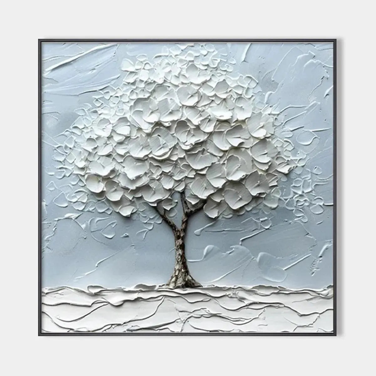 WINTER'S EMBRACE: Textured Tree Painting, Impasto Wall Art, Square Canvas, Winter Decor, Minimalist Art
