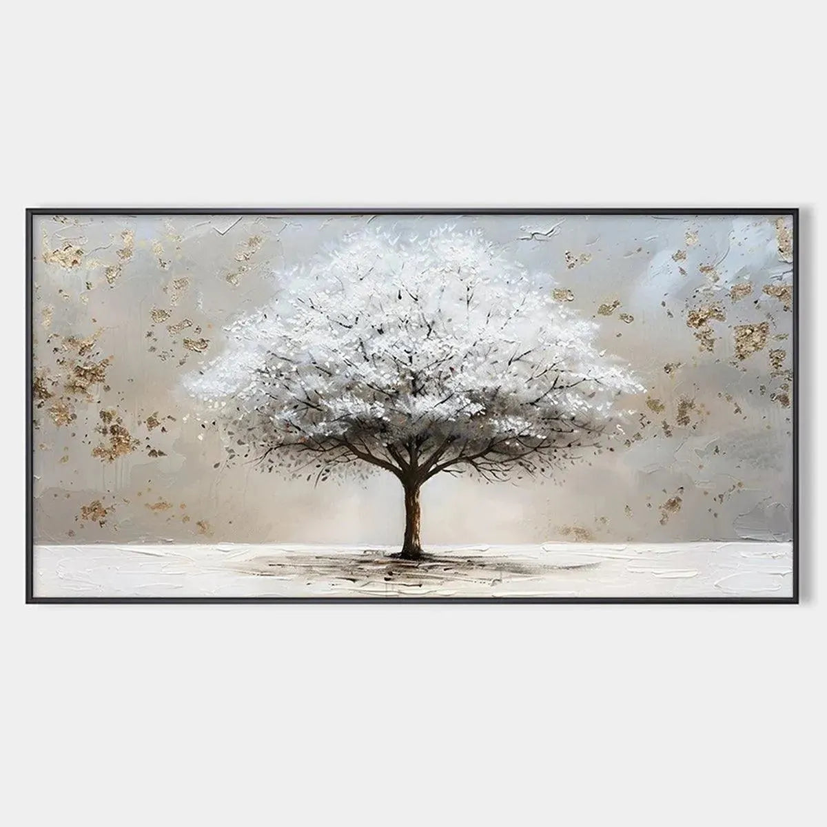WINTER'S GRACE: Textured White Tree Painting with Gold Accents on Beige