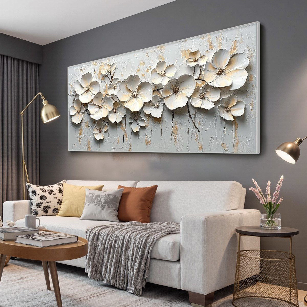 WHITE BLOSSOM SERENADE: Textured 3D Floral Oil Painting
