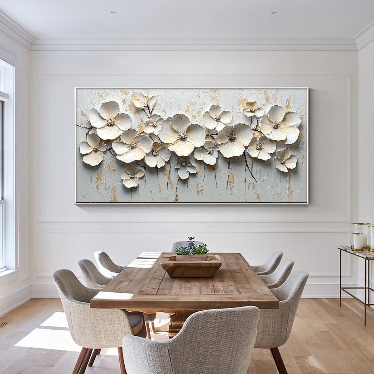 WHITE BLOSSOM SERENADE: Textured 3D Floral Oil Painting