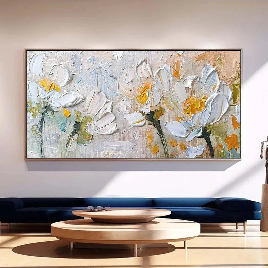 WHITE BLOSSOMS: Textured Impasto Floral Painting in White and Beige