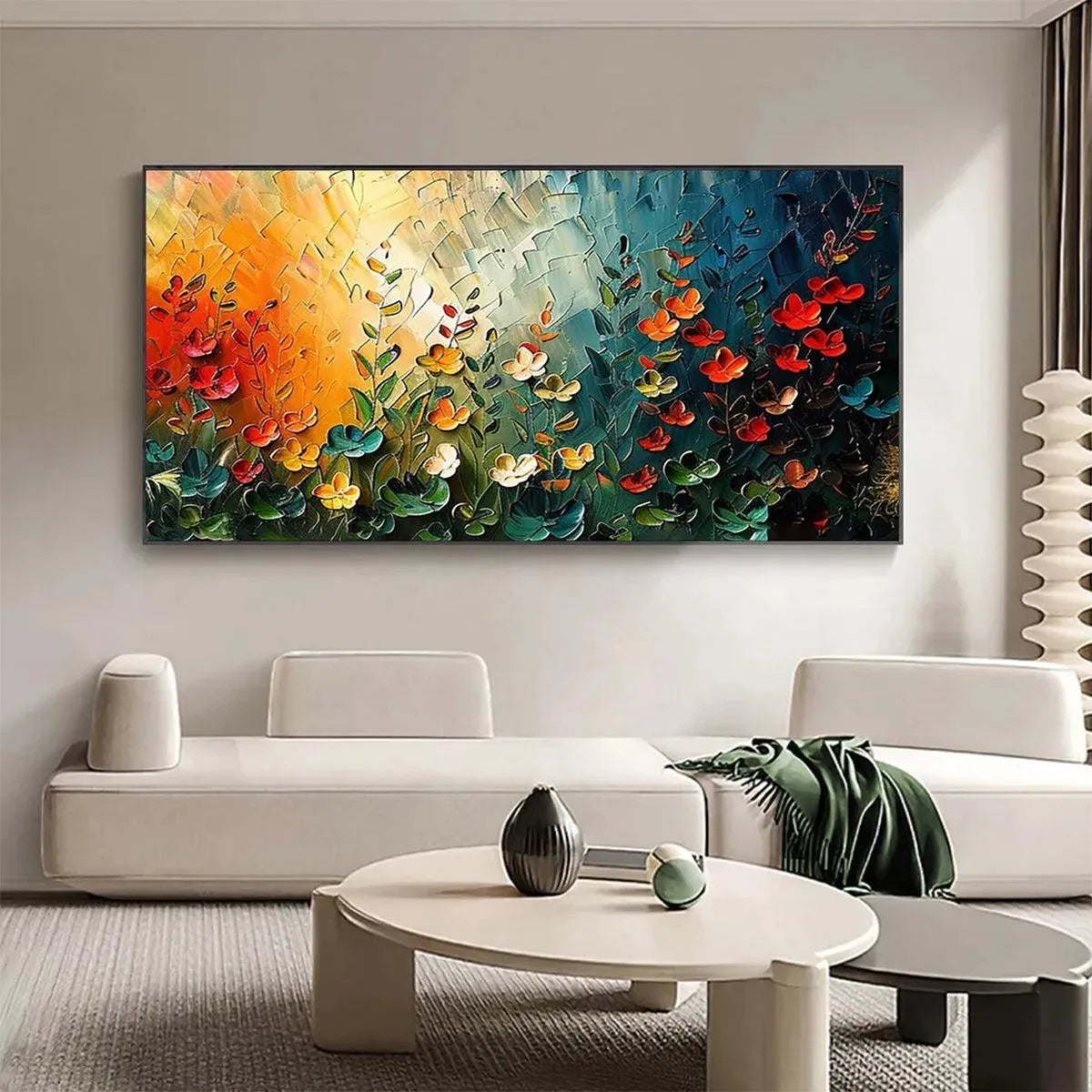 WILDFLOWER MEADOW: Textured Abstract Floral Painting, Colorful Wildflower Wall Art, Panoramic Canvas, Modern Decor
