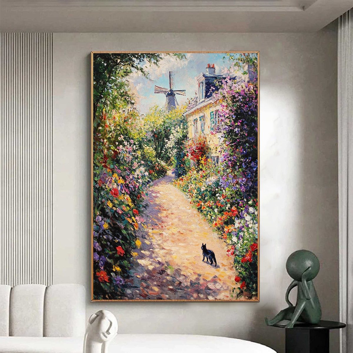 WINDMILL WAY: Charming Village Garden Path Oil Painting