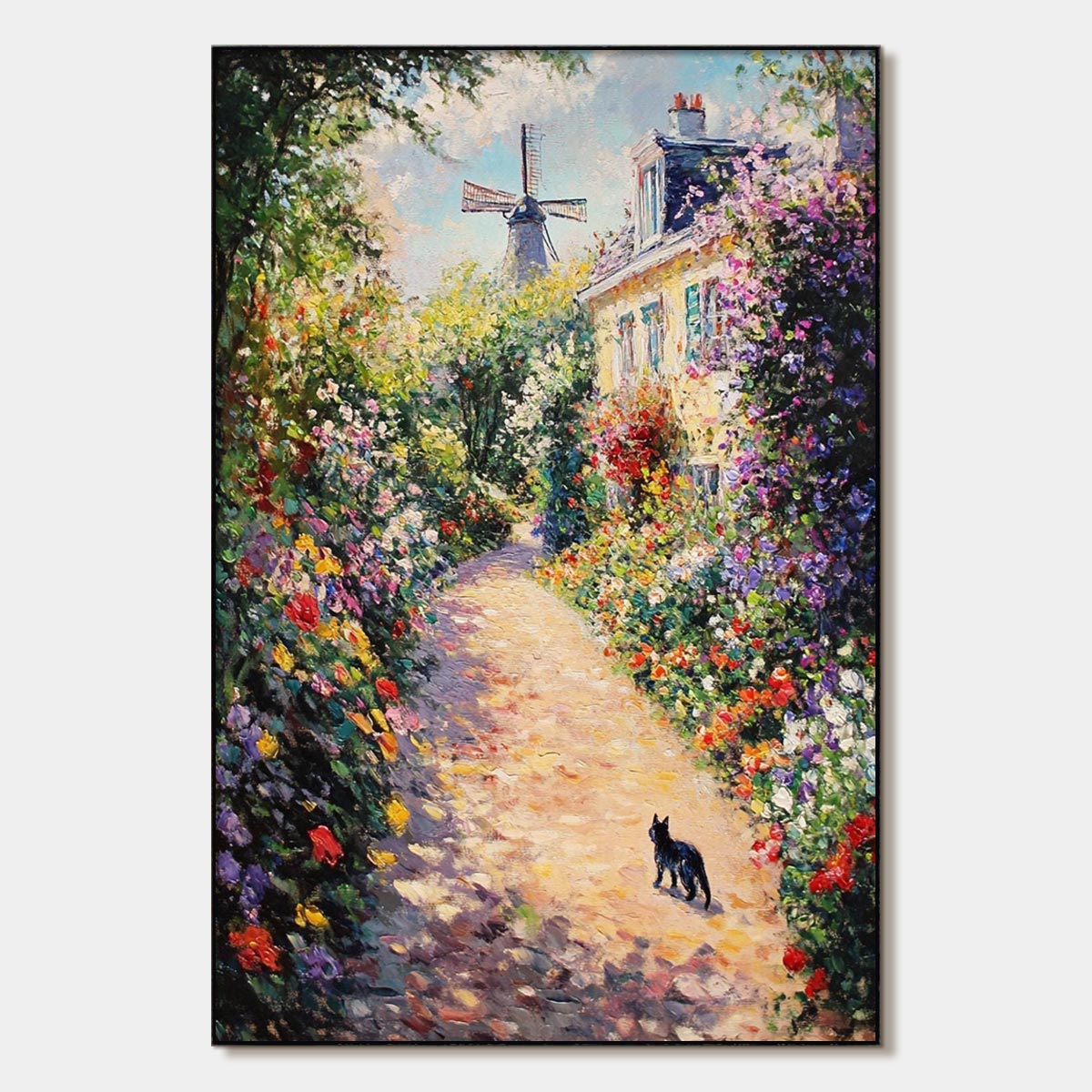 WINDMILL WAY: Charming Village Garden Path Oil Painting