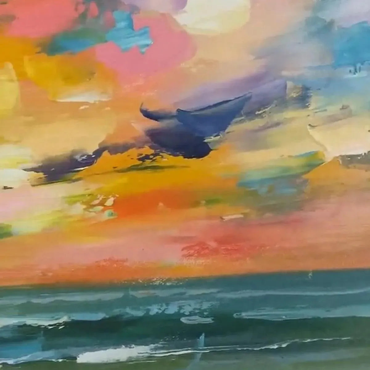 SEASIDE SUNSET SERENADE: Ocean Painting, Impasto Texture, Sunset Beach, Panoramic Wall Art, Horizontal Canvas