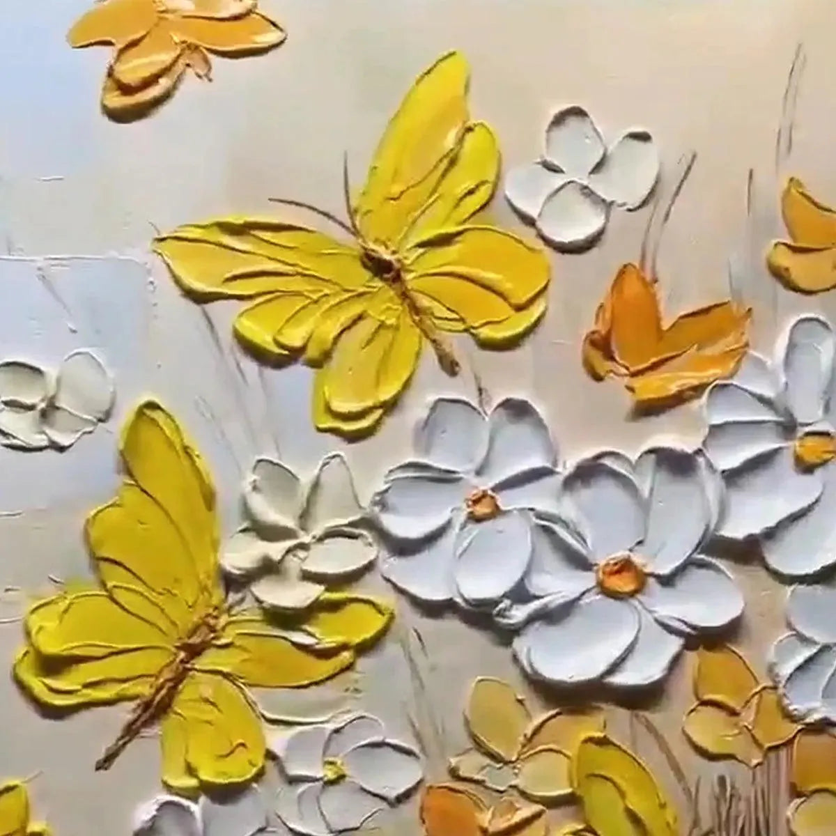 GOLDEN BUTTERFLIES: Textured Butterfly and Floral Painting, Yellow and White Wall Art, Vertical Canvas, Impasto Decor