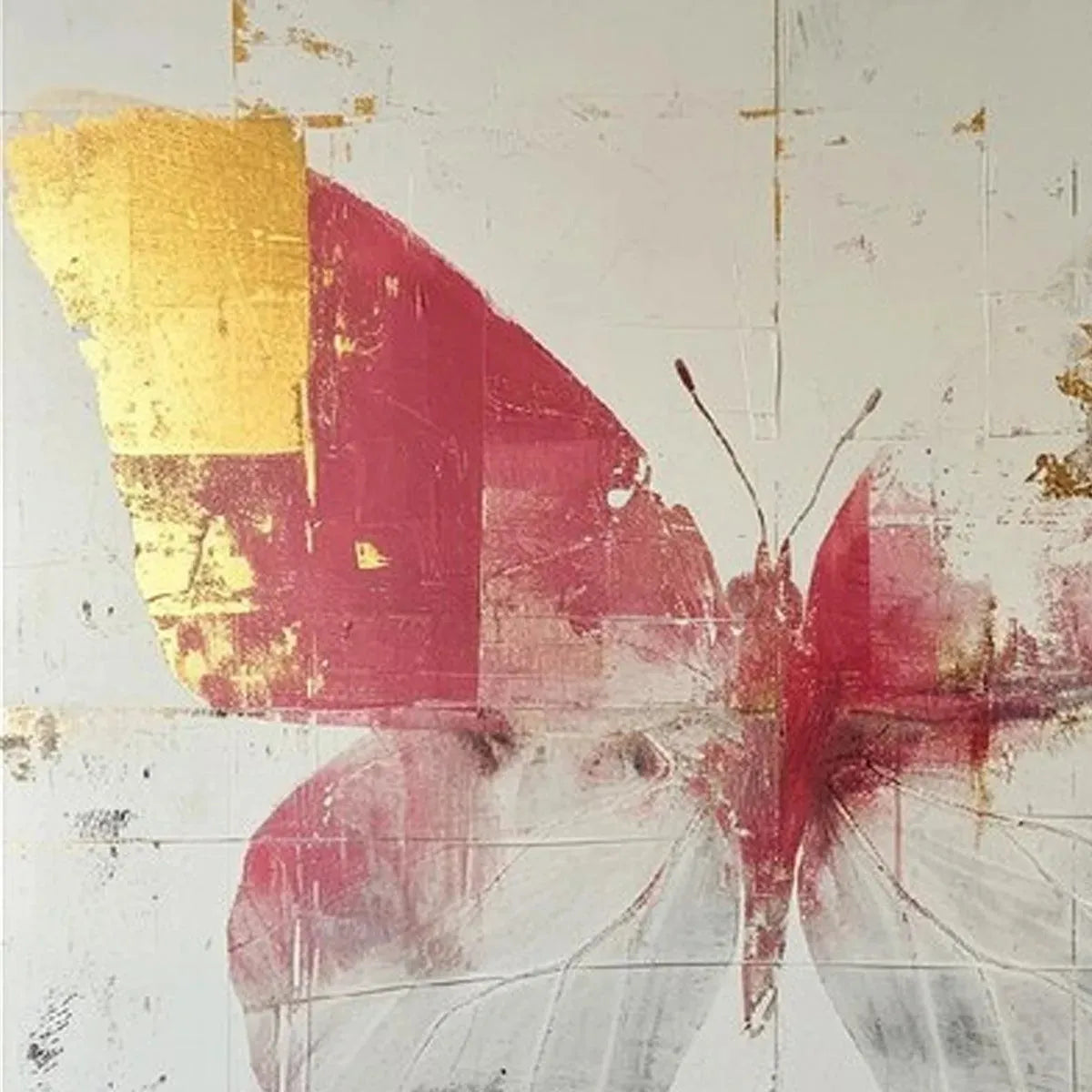 GOLDEN BUTTERFLY: Butterfly Painting, Gold and Pink Wall Art, Square Canvas Art, Bedroom Decor