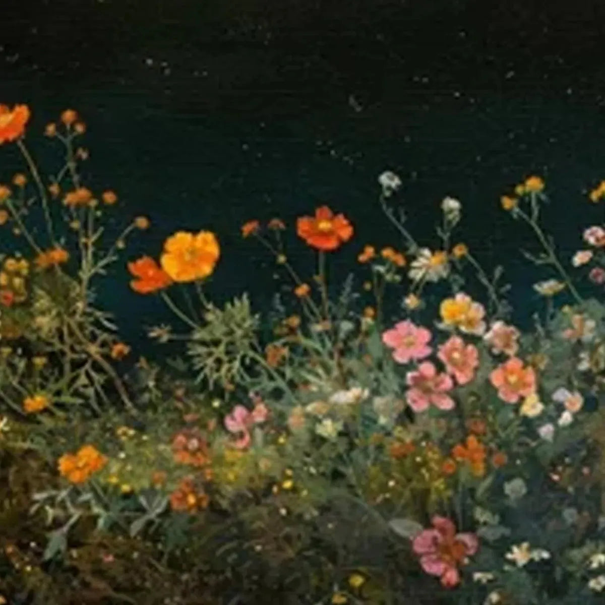 NIGHT GARDEN PANORAMIC: Wildflower Painting, Panoramic Wall Art, Dark Floral Decor
