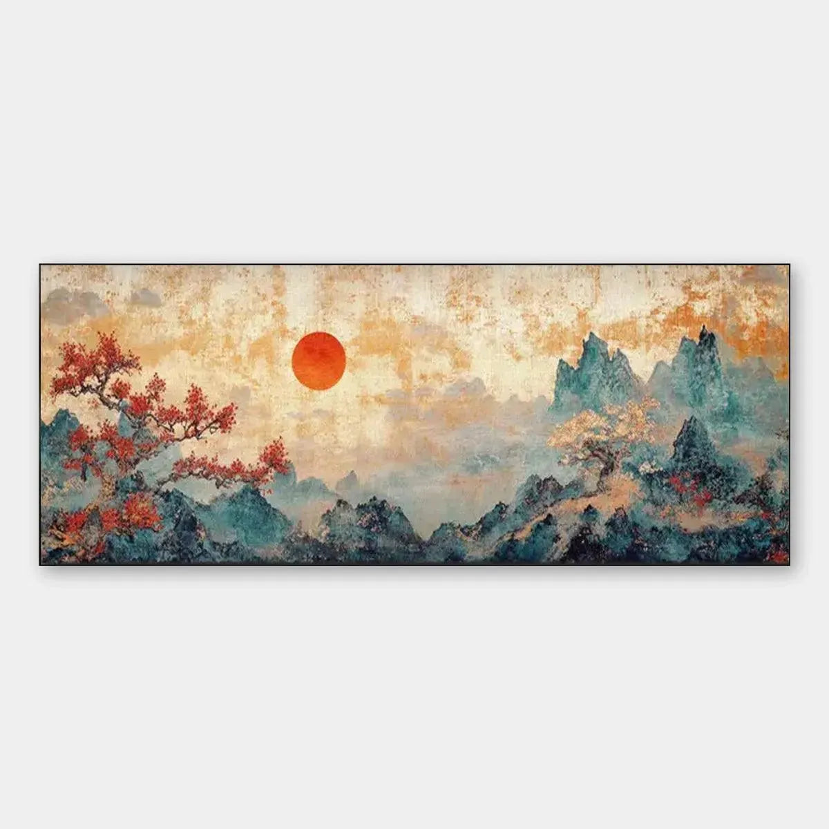 ZEN MOUNTAIN SUNSET PANORAMIC: Landscape Painting, Panoramic Wall Art, Asian Decor