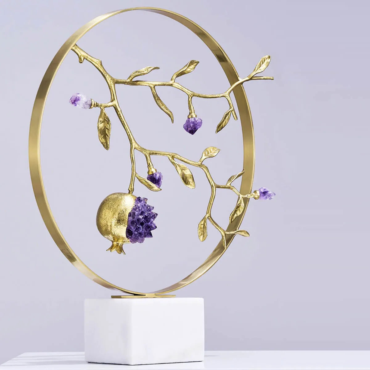 Luxury Golden Mosaic Natural Purple Crystal Stone Brass Pomegranate Sculpture